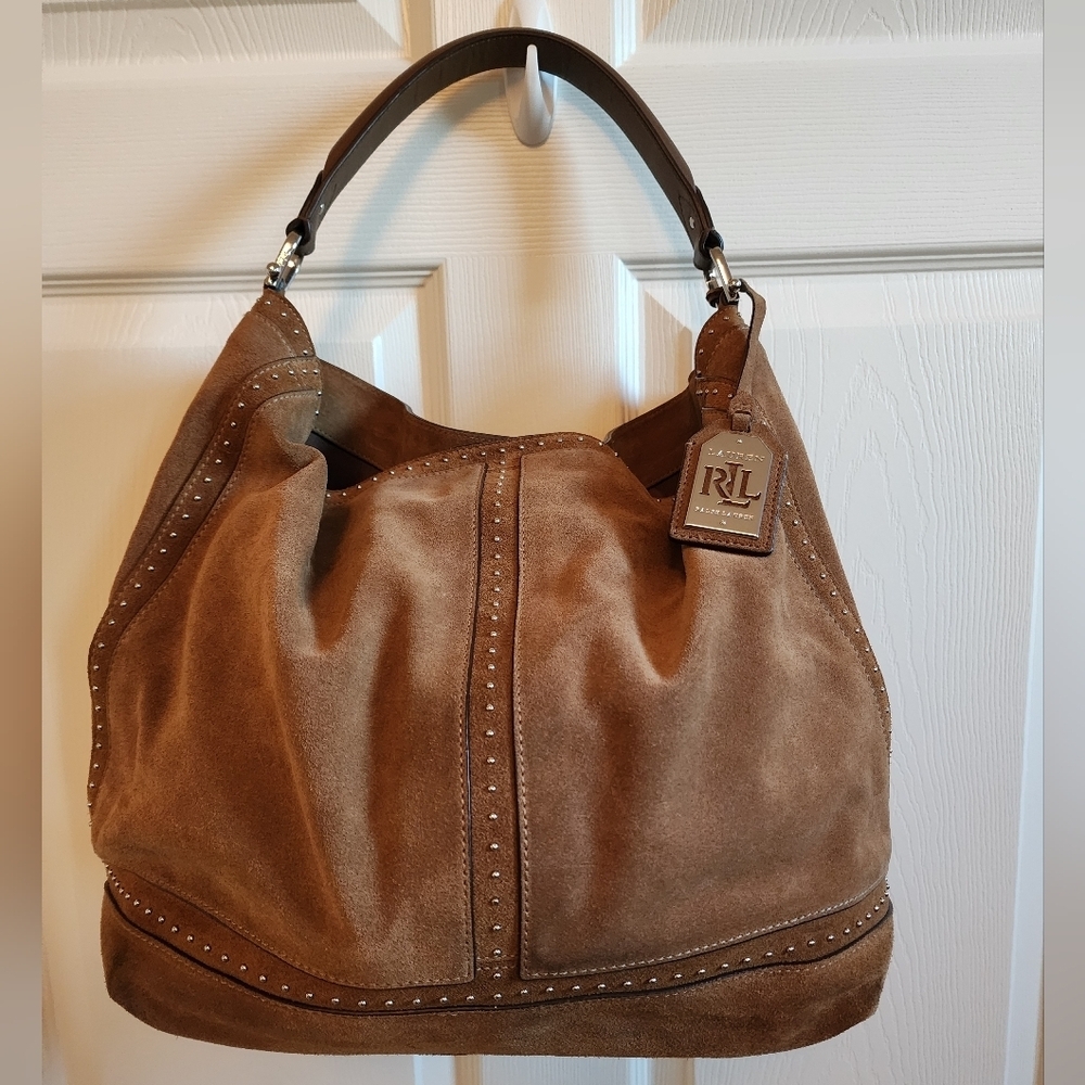 Ralph Lauren Baswick Brown Suede Hobo Bag